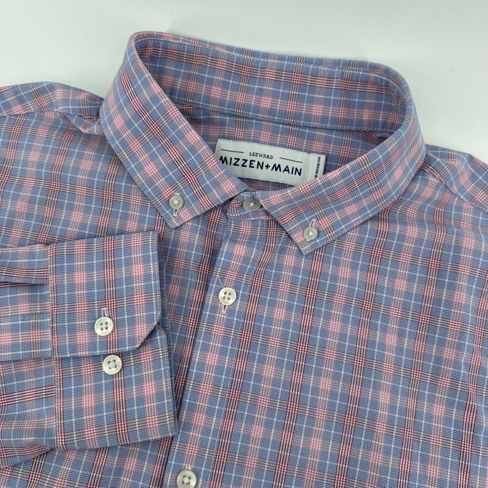 Mizzen Main Leeward Shirt Mens XXL Blue Pink Plaid Trim Fit Long Sleeve